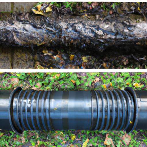 The left side shows a clogged pipe, while the right side showcases a clear and free-flowing pipe after high-pressure drain cleaning.