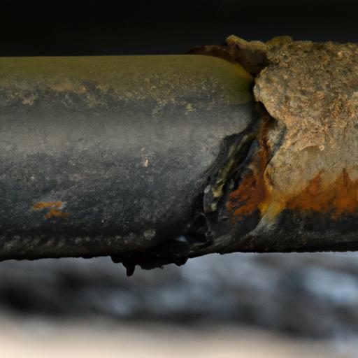 Corrosion on a pipe line, a warning sign that maintenance is necessary to avoid potential breaks and leaks.