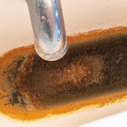 Discolored water pouring out from a rusty water heater, indicating potential rust-related issues.