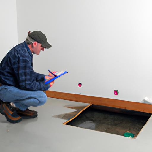 Plumber inspecting damp area for slab leak detection