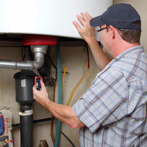 Plumber inspecting a water heater to diagnose the whistling issue.