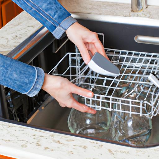 A person cleaning the dishwasher filter to prevent clogs and potential sink overflow.