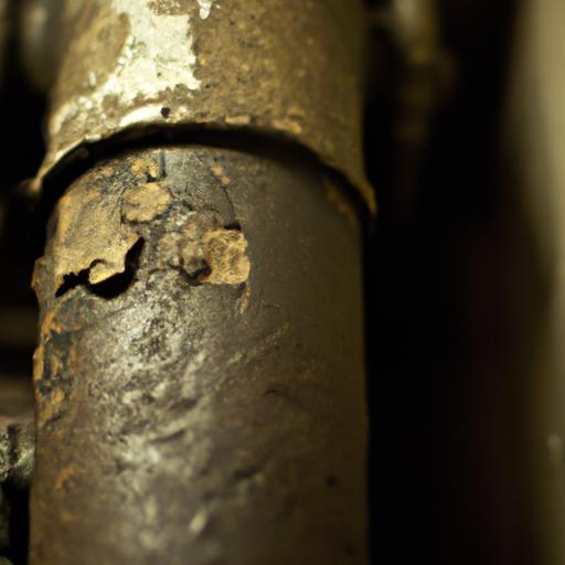 Rust never rests: a metal pipe in a basement, its once smooth surface now marred by the relentless advance of corrosion.