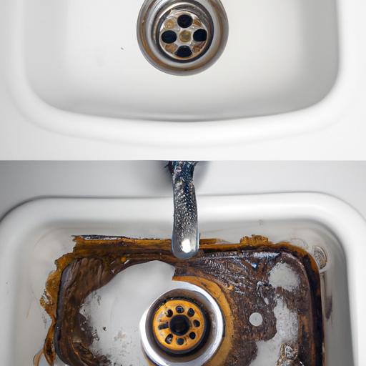 Clogged bathroom sink before and after 15m drain cleaning.