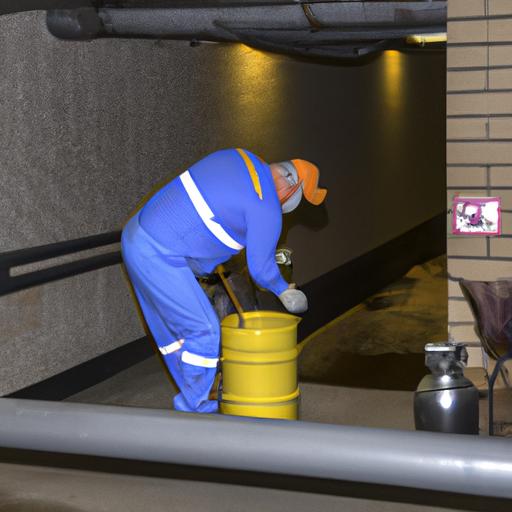 A maintenance worker using chemical solutions to clear a blocked sewer pipe.