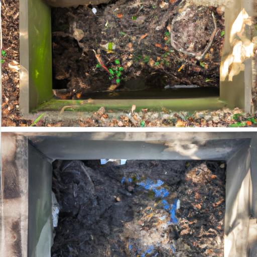 Drain covered with debris before and after a 15m drain cleaning process.
